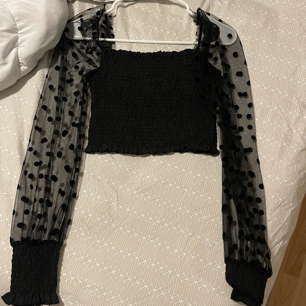 Contrast Dobby Mesh Shirred Frill Trim Crop Top